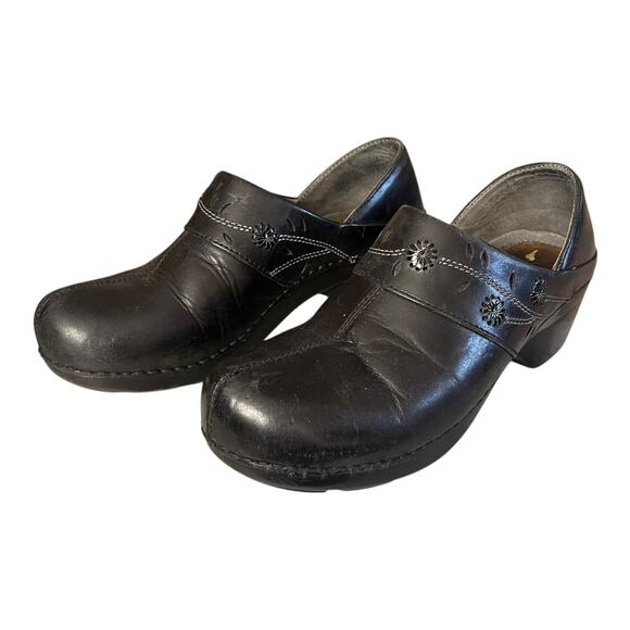 Dansko Sausalito Summer Floral Black Leather Clogs Size 38 Heavy Wear - Picture 1 of 14
